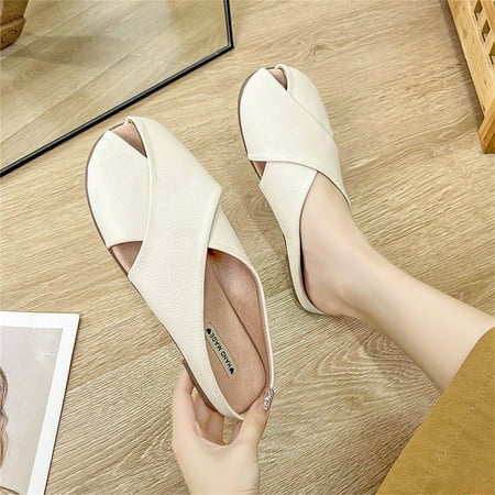 

〖Yilirongyumm〗 Beige 40 Slippers For Women Fashion Summer Women Slippers Cross Strap Fish Mouth Solid Color Flat Casual Comfortable