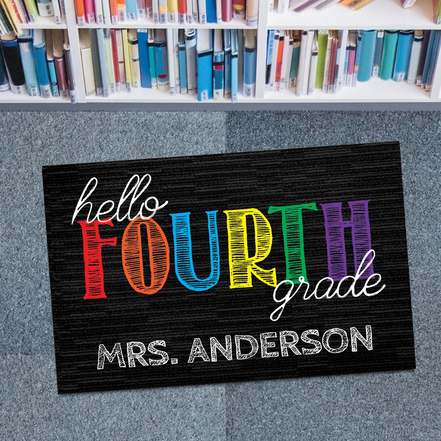 Personalized Planet 27x18 Hello Fourth Grade Doormat with Custom Teacher Name Printed on Black Rectangular 1/8” Thick Non Slip Mat for School Classroom or Home