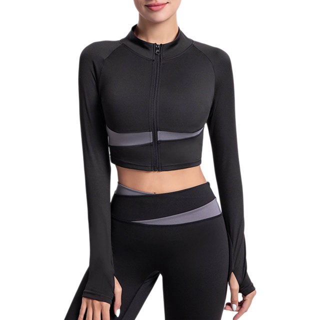 Veste Courte pour Femmes, Haut Décontracté Sportif à Manches Longues et Col Rond en Noir, Imitation Rayonne Légère, Lavable en Machine, Convient à la Taille