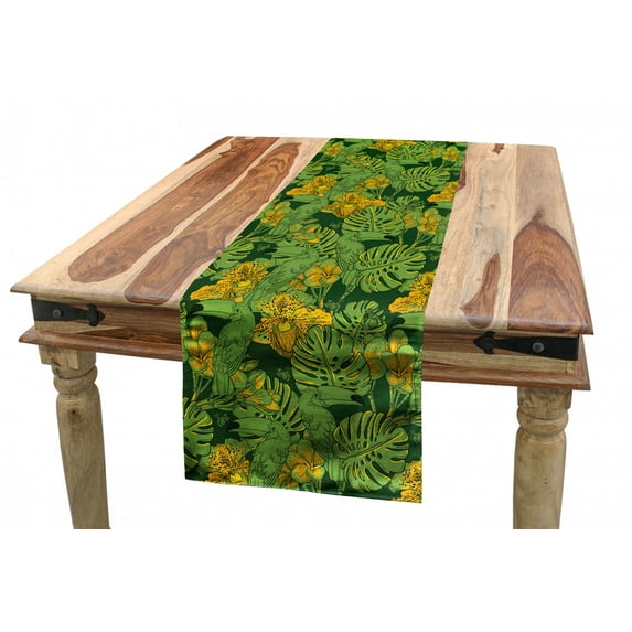 Tropical Table Runner, Digital Layout of Big Island Leaves and Parrot Silhouettes, Dining Room Kitchen Rectangular Runner, 3 Sizes, by Ambesonne