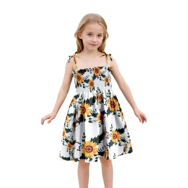 Robe Fille Bébé Été Imprimé Floral Robe à Bretelles Légère Décontractée avec Attaches Réglables pour Plage Robe Bébé Blanche 2 Ans-3 Ans