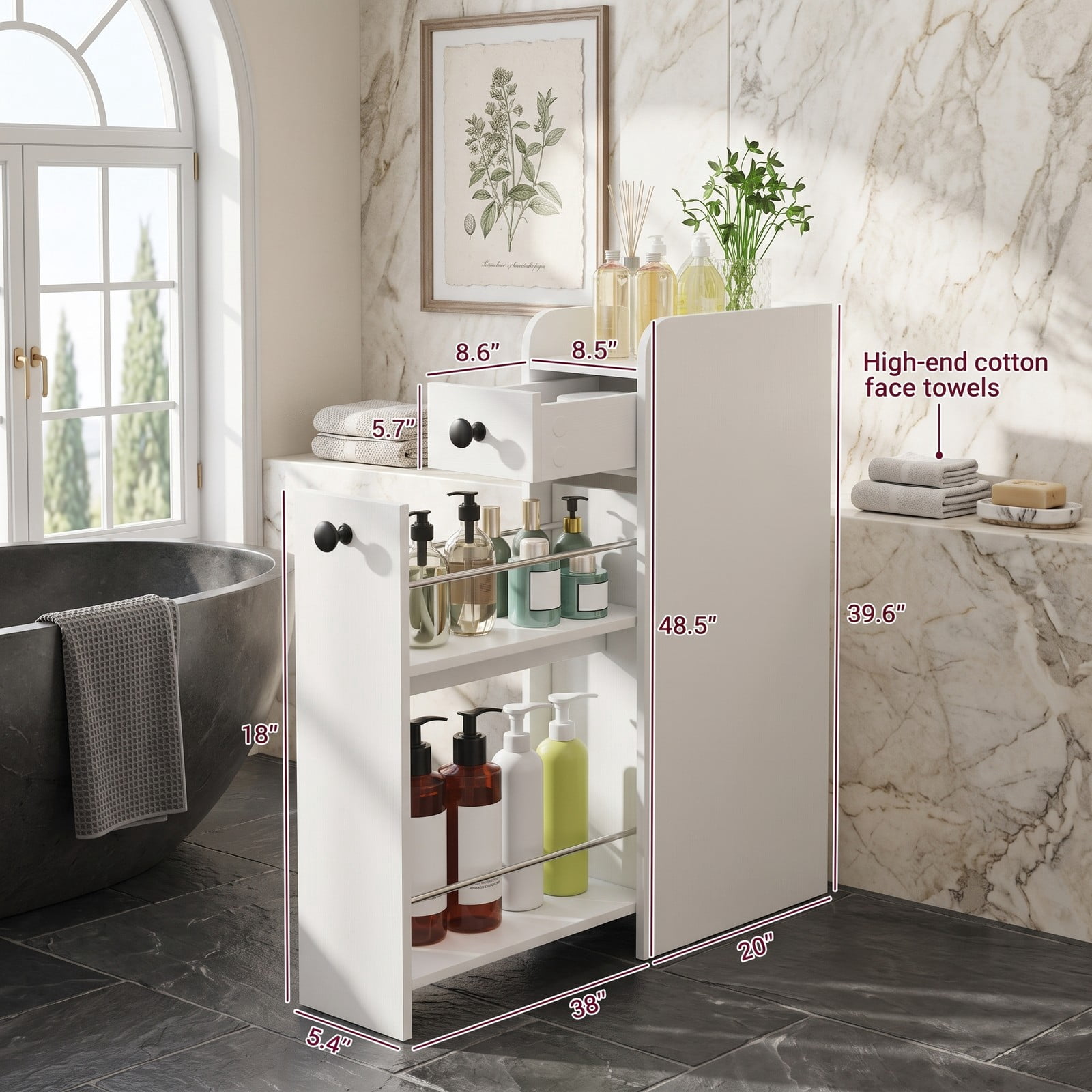 Fenbeli Small Bathroom Storage Cabinet, 4-Tier Narrow Slim Organizer with 3 Slide Out Drawers on Casters, Freestanding Rolling Storage Tower for Bathroom, White