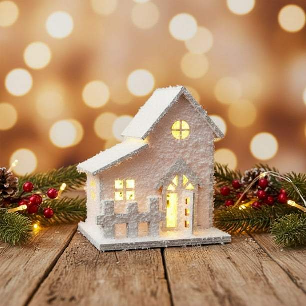 Villa Wooden Christmas Desk Decoration, Lighting Up Village Scene, Small Table Top Decor, Festive Home Office, Bedroom, Night Light, Wooden Base, 2-Tier Design, LED Illumination, Portable, for Dorm