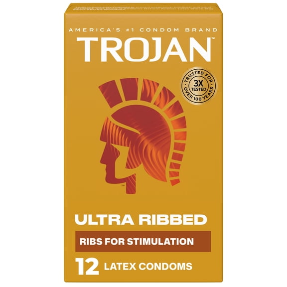 Trojan Ultra Ribbed Premium Latex Lubricated Thin Condoms for Men, 12 Count