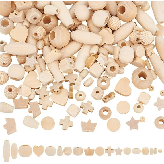 180Pcs Unfinished Natural Wooden Beads 18 Style Undyed Wood Beads Round Oval Tube Heart Wood Beads for Crafts Assorted Wooden Loose Beads Spacer Beads for Bracelet DIY Jewelry Making colorful