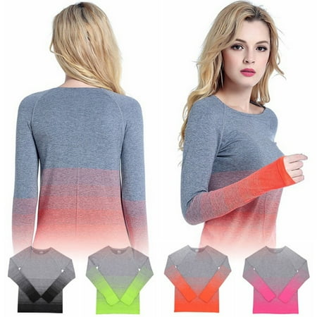 - Women Sports Fitness Gym Yoga Stretch Workout Long Sleeve Blouse Top T-Shirt Tee