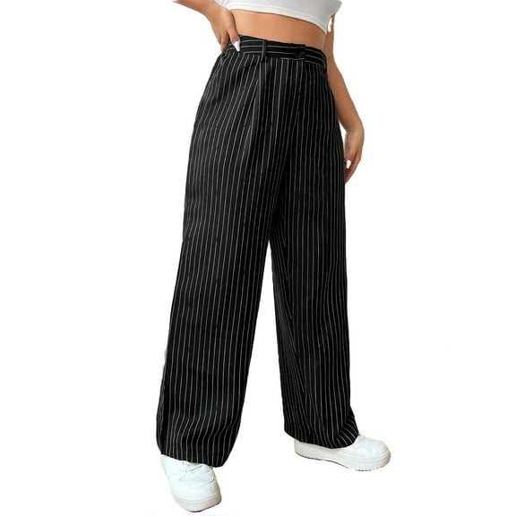 Plus Size Pants Casual Striped Wide Leg Black 0XL (12)