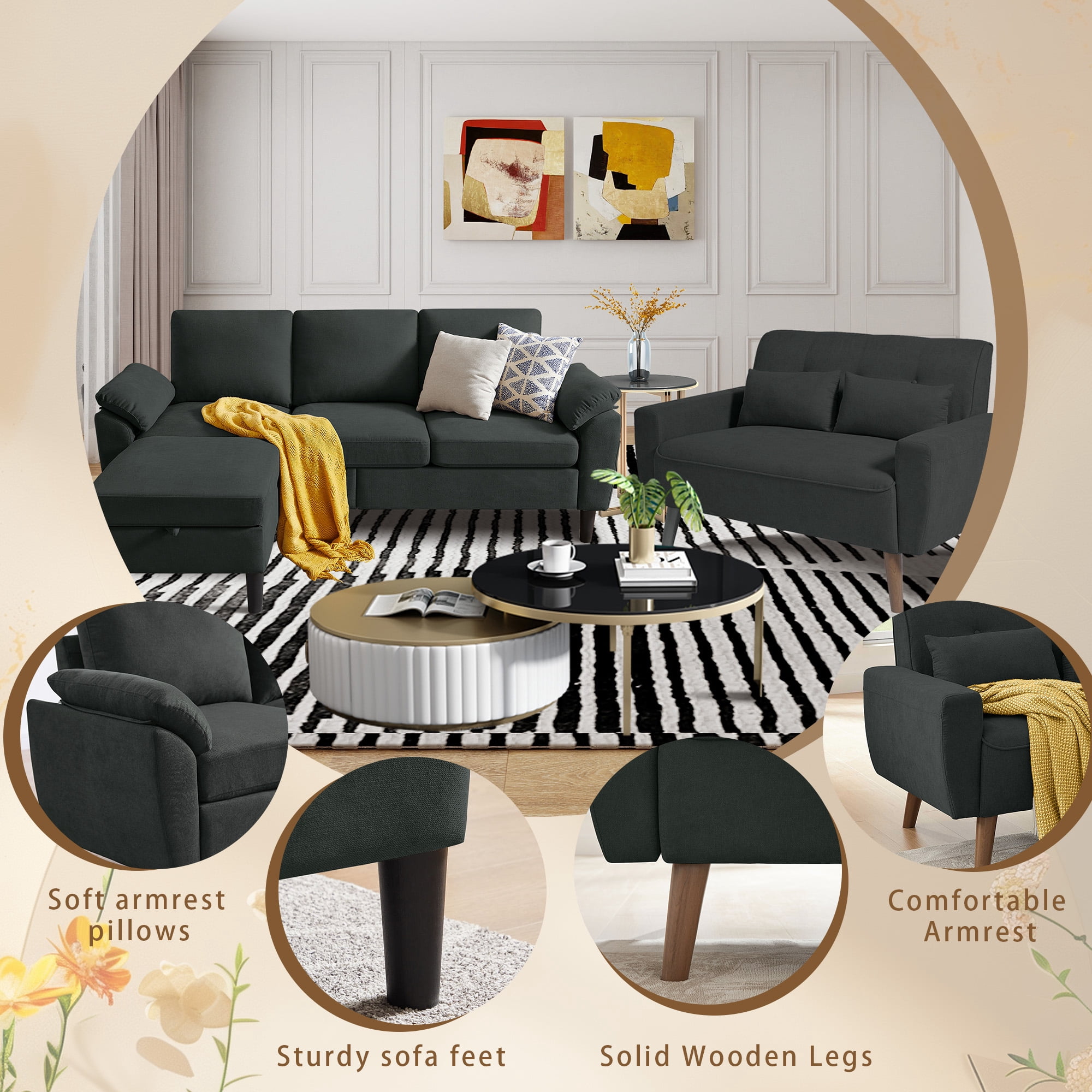 79" Convertible Sectional Sofa Set, Small L Shaped 3-Seat Couch with Reversible Chaise and Accent Chair, Modern Linen Sofas Couches for Living Room, Black