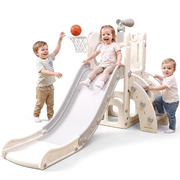 Naturia 6 in 1 Toddler Playset with Slide,Toddler Slide,Slide for Kids with Basketball Hoop,Ball,Ring Toss,Kids Slide Toddler Playground Toddler Slide Indoor Outdoor Toys