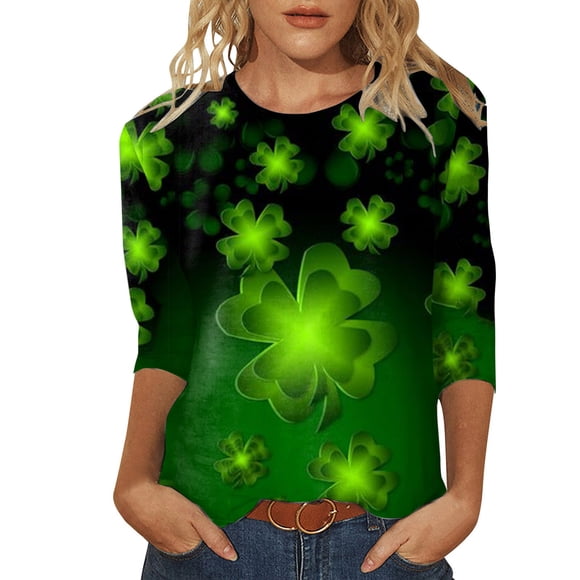 Outfmvch T-Shirts pour Femmes Hauts Décontractés Élégants pour Femmes Col Rond T-Shirt Imprimé Jour de la Saint-Patrick Tunique Fendue sur le Côté Blouse d'Été pour Femmes Tendance 2023 Y TG