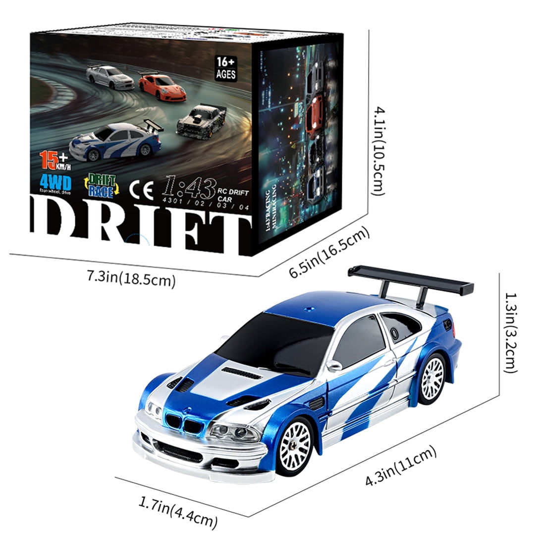 1/43 Scale 4WD RC Drift Racing Car With Gyro 2.4GHz Full Proportional Remote Control Mini Indoor RTR Electric Racing Vehicle LED Lights For Adults Hobbyists - Blue & White / RTR Version