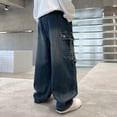 thumbnail image 5 of HUANBAI Boys Casual Cargo Denim Pants Fashionable Loose Fit Trousers For And Autumn Seasons Comfortable Long Pants For Kids Stylish Outfit Wide Leg Sweatpants 12-13 Years, 5 of 6