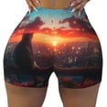 thumbnail image 2 of Gukieu Cat Watching City Sunset Print Women's Sports Shorts, Elastic Waist High Stretch Running Yoga Gym Sweatpants-Large, 2 of 8