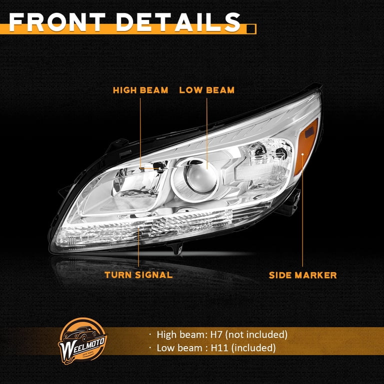 Driver Side Headlight Assembly – Chrome Housing Clear Lens For 2013-2015 Chevy Malibu LT/LTZ, DOT/SAE Certified