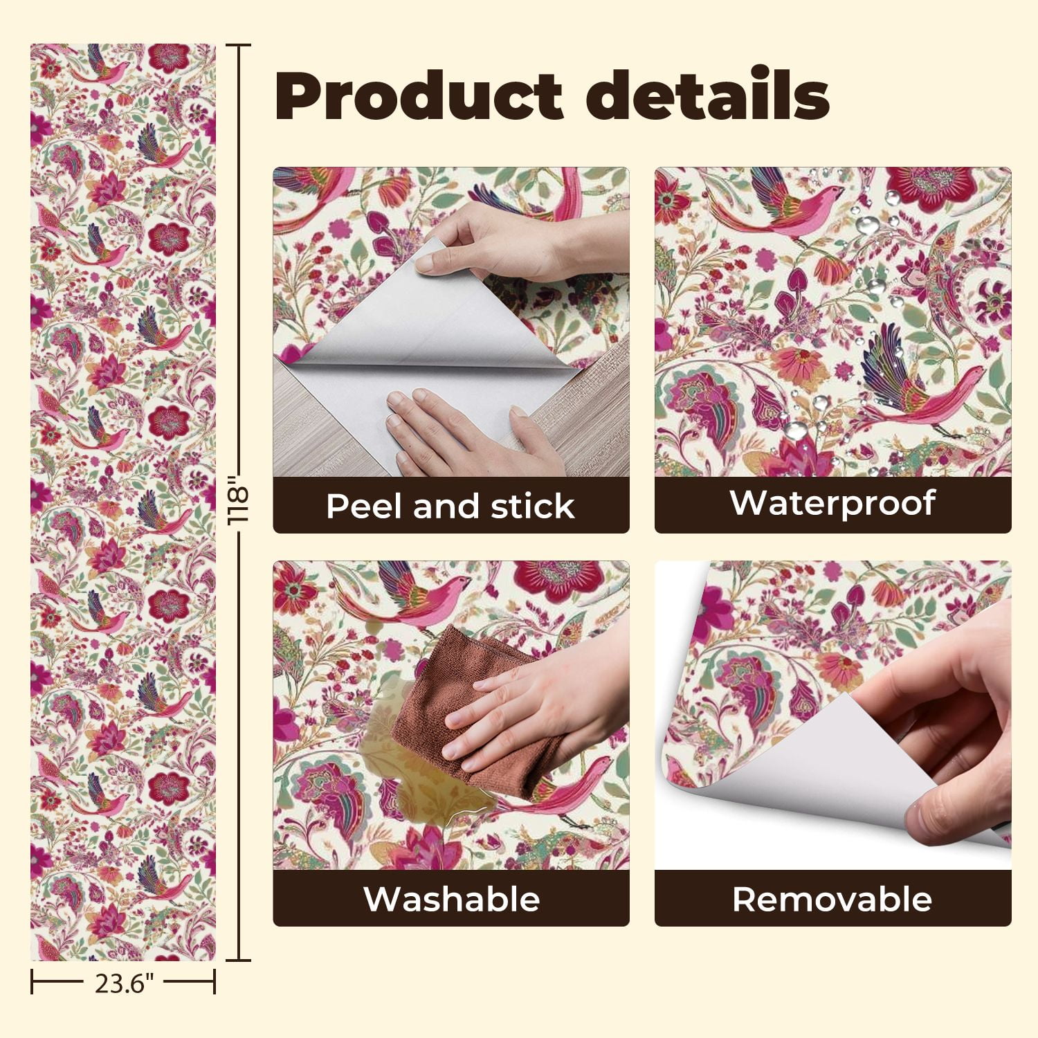 Paisley Peel and Stick Wallpaper 23.6in x 9.8ft Whimsical Floral Bird Rich Pink Purple Gold Tones Contact Paper Vinyl Waterproof Self Adhesive Wall Paper for Bedroom Shelf Cabinet Renter Friendly