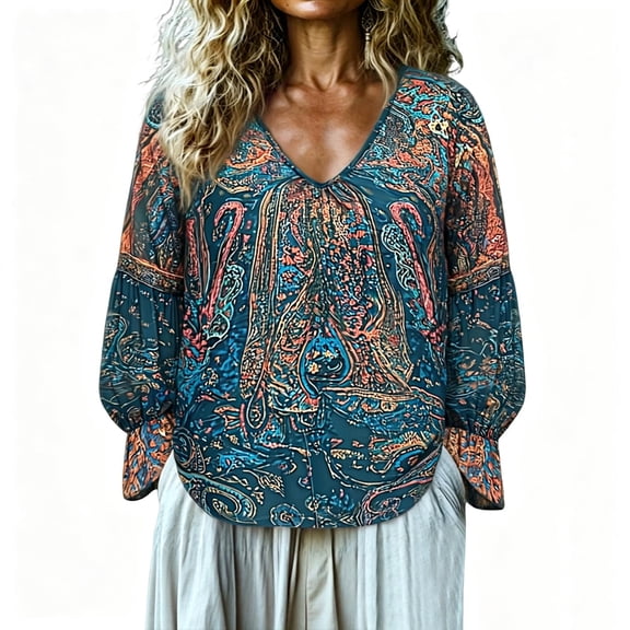 ClodeEU Women's V Neck Long Sleeve Boho Blouse,Casual Print Loose Fit Top Navy,Women's Plus L