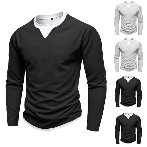 Men's 2 in 1 Waffle Henley Shirt Long Sleeve V Neck Solid Color Casual Streetwear Sports Fashion Undershirt Top Size 2XL Gray
