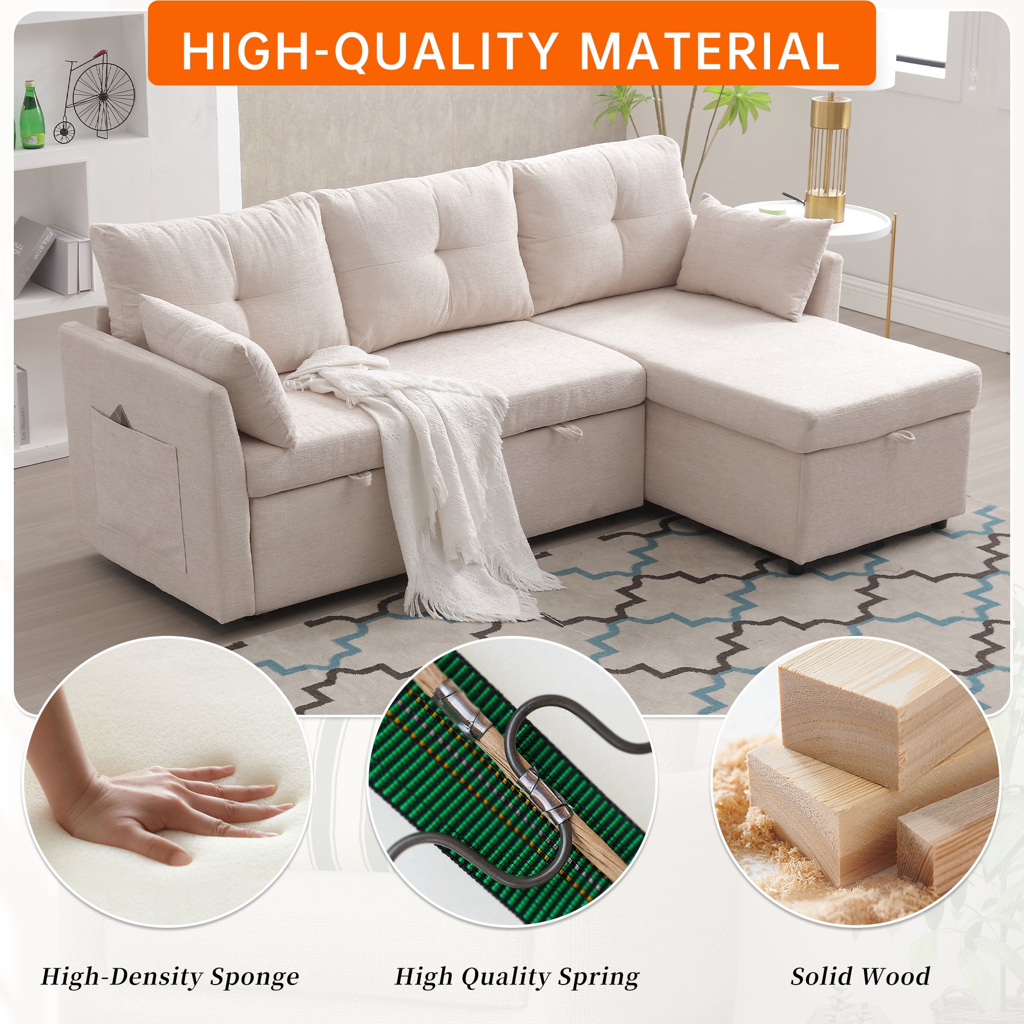 MOONMISS Chenille Upholstered L-Shaped Storage Reversible Chaise Sectional Sofa with Side Pocket-Beige