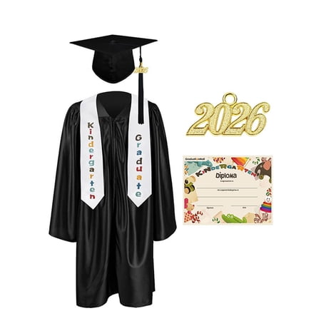 Unisex Graduation Gown Cap Tassel 4-Piece Sets for Kids 8-14 Years with 2026 Charm Printed Stole Grad Gifts (10 Years Black)