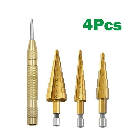 

GLFILL 3Pcs Hss Step Drill Bit Titanium Coated Wood Metal Hole Cutter With Center Punch