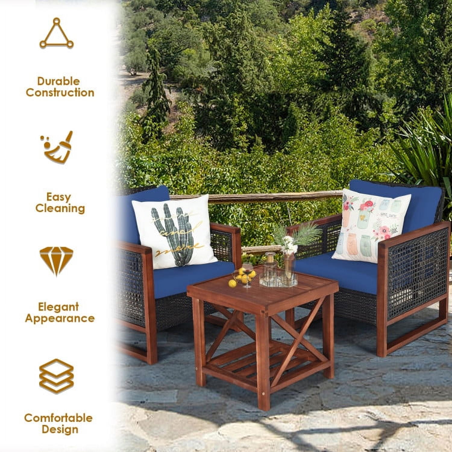 Aimee Lii 3 Pieces Patio Rattan Furniture Set with Washable Cushion and Acacia Wood Tabletop, Small Patio Set, Navy Aimee Lii 3 Pieces Patio Rattan Furniture Set with Washable Cushion and Acacia Wood Tabletop, Small Patio Set, Navy