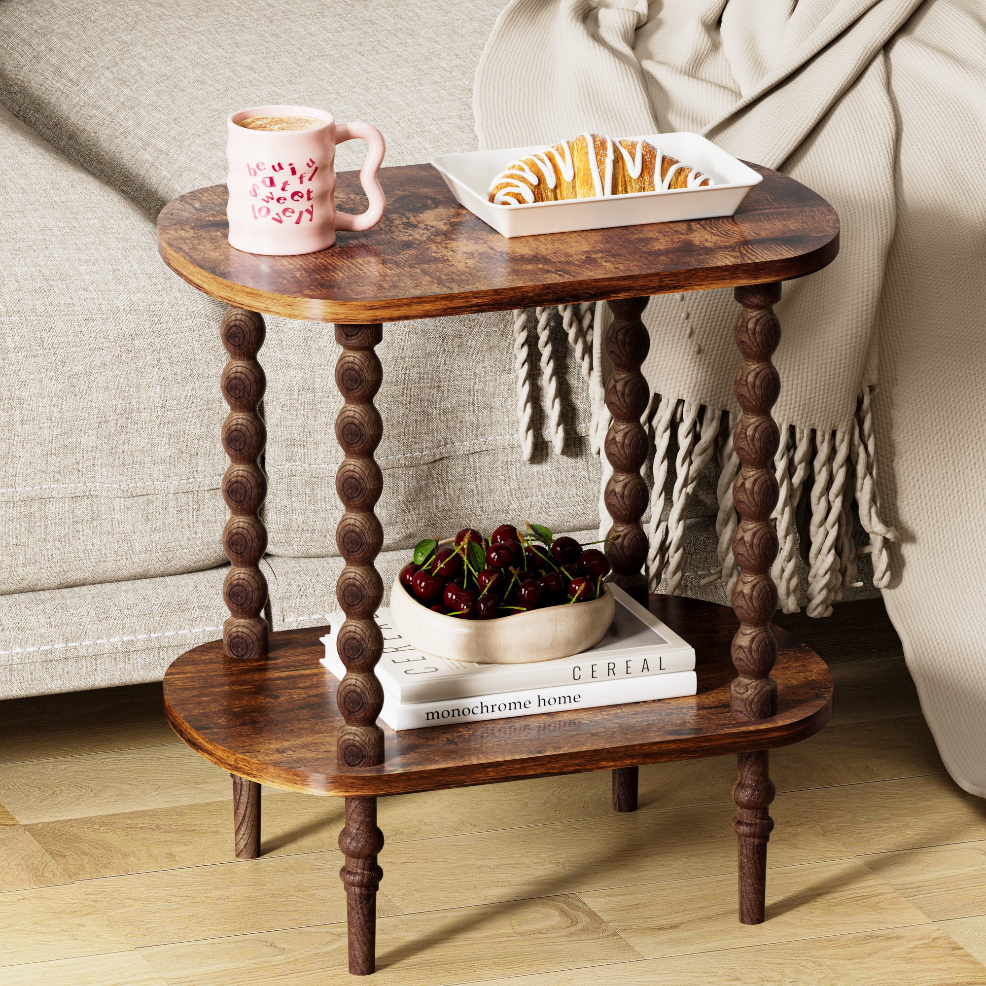 Gijjgole End Table, Modern Side Table with 2 Tier Open Shelf, Small Table Bed Side Tables Bedroom for Small Spaces, Living Room and Office (Rustic Brown)