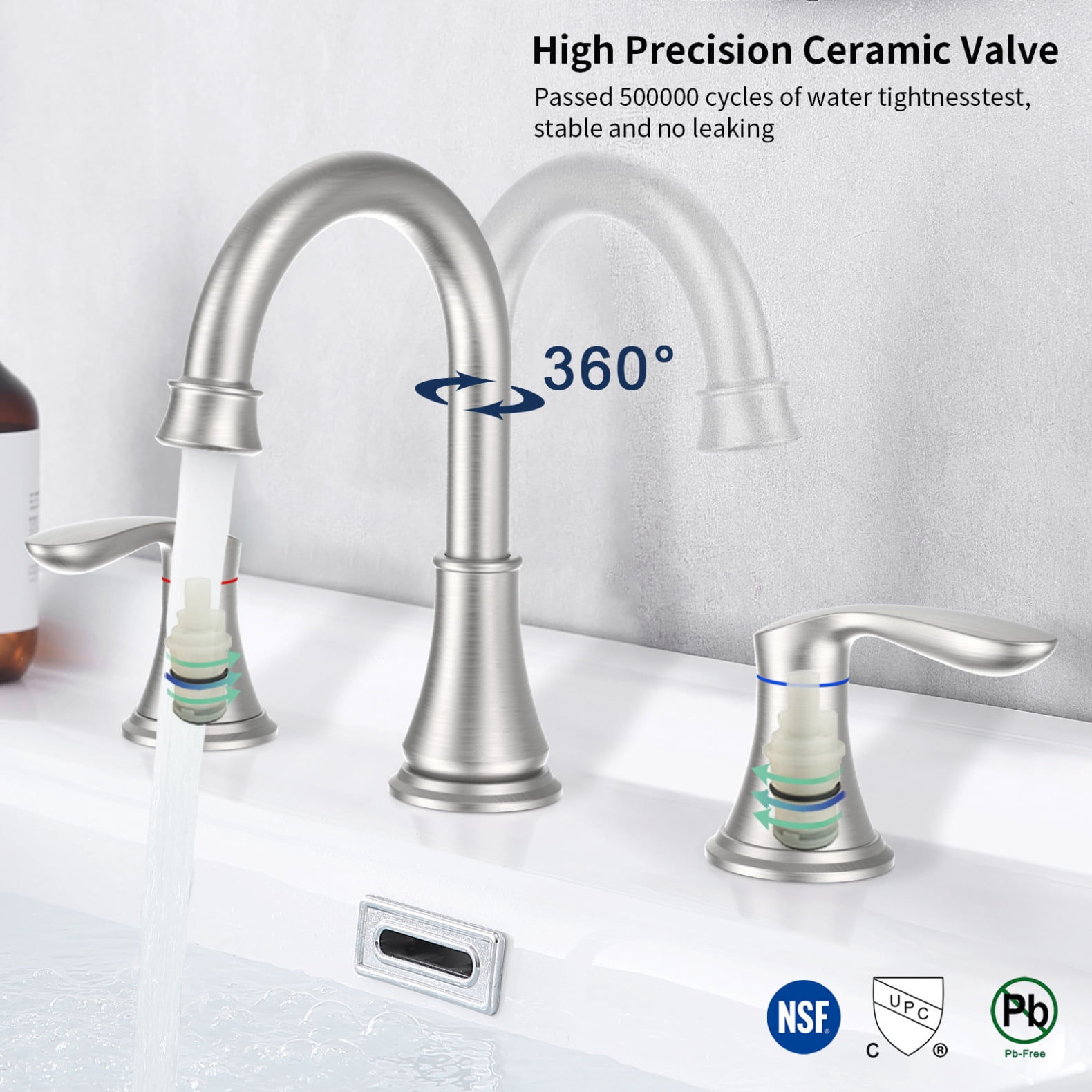 2 Handle 8 Inch Widespread Bathroom Sink Faucet with Pop-Up Drain, High Arc Modern Bathroom Vanity Lavatory Faucet 3 Holes with Brass 360° Swivel Spout, Brushed Nickel