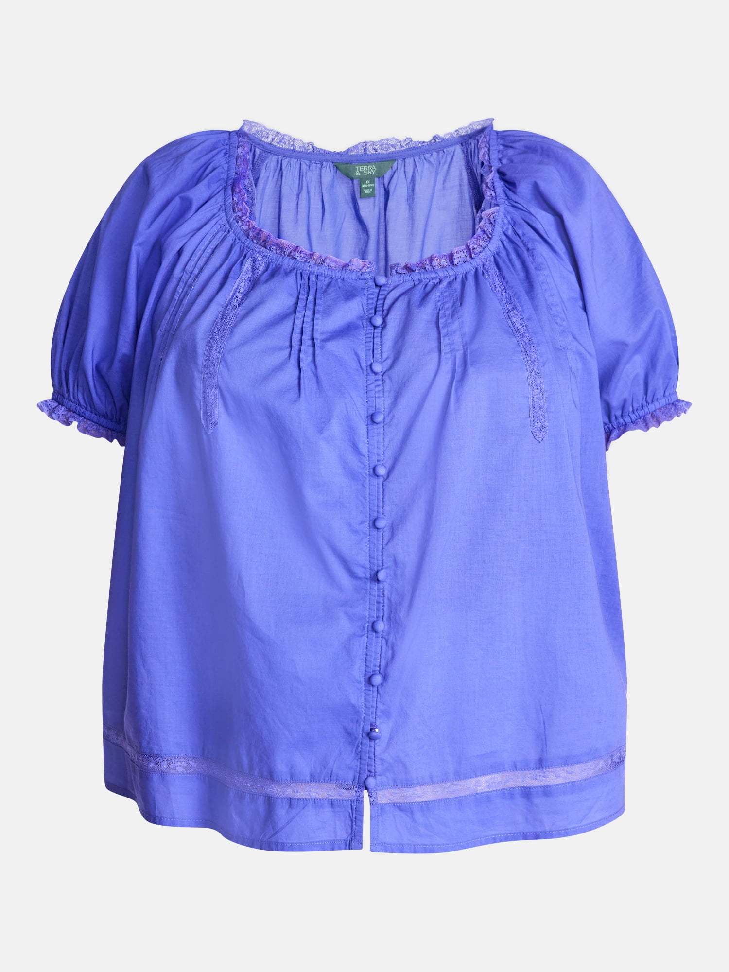 Terra & Sky Women's Plus Button Front Cotton Swing Top with Short Sleeves, Sizes 0X-5X