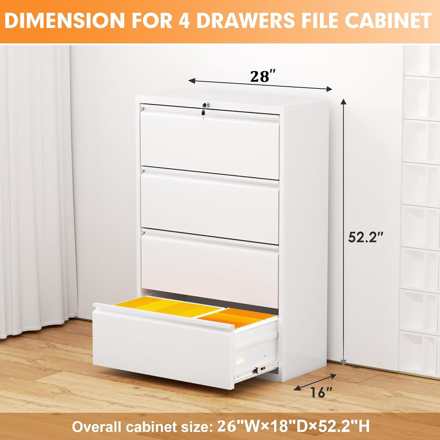 SUNCROWN File Cabinet 4 Drawers, Metal Lateral Filing Cabinet with Lock, Office Locking File Cabinets for Letter/Legal/A4/F4, White-28”W, Easy Assemble