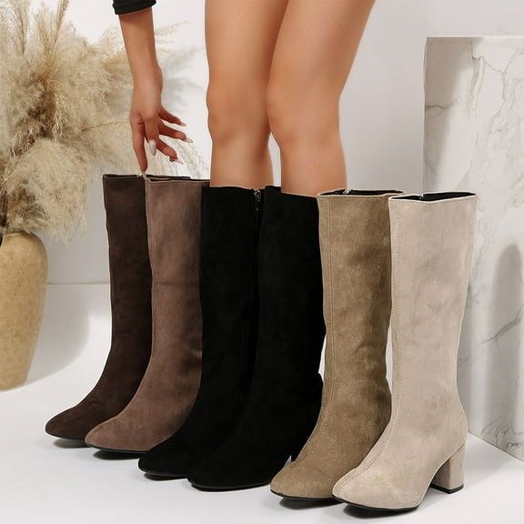 Knee High Boots Women Fashionable Casual Versatile Winter Suede Pointy Chunky Heel Solid Color High Boots Mid-Heel Knee-High Boots