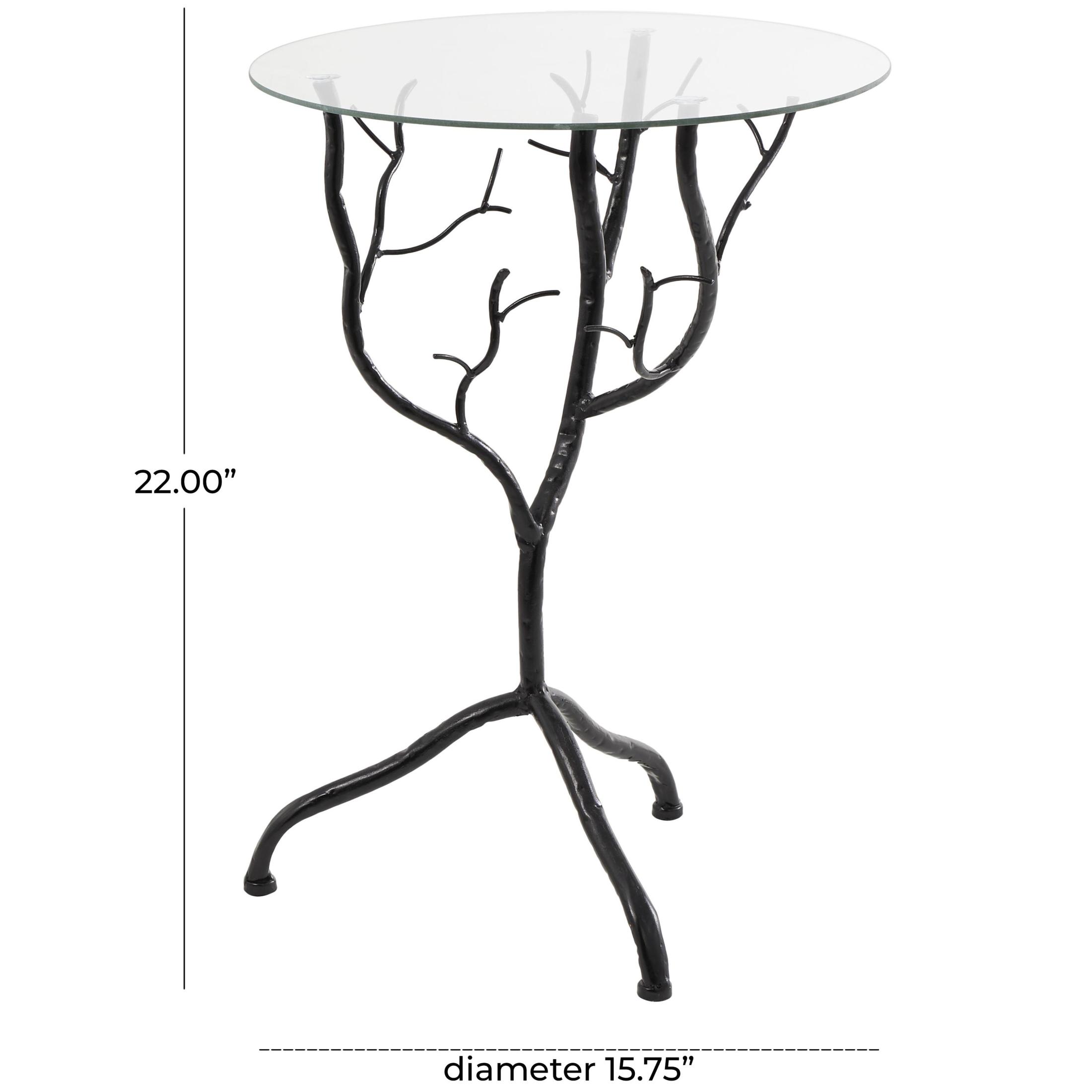 DecMode 16" x 22" Black Metal Branch Tree Accent Table with Tempered Glass Top, 1-Piece