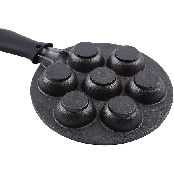 KUHA Cast Iron Aebleskiver Pan for Authentic Danish Stuffed Pancakes -  Complete with Bamboo Skewers, Silicone Handle and Oven Mitt