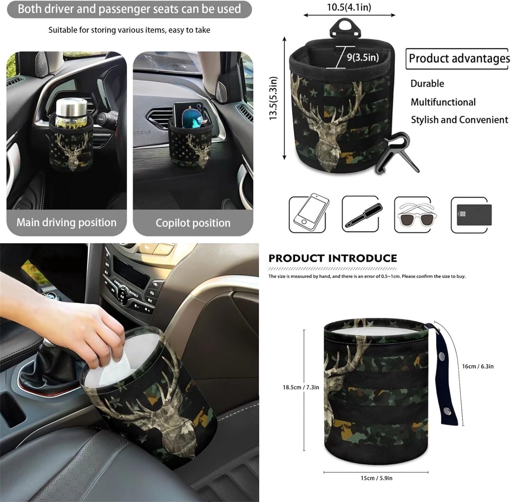 Jeiento Deer 12 Pcs Front Car Seat Cover Set with Bucket Seat Cover Steering Wheel Cover Seat Belt Pad Armrest Cover Coaster Trash Bag Air Vent Bag Rearview Mirror Cover Keychain American Flag Camo