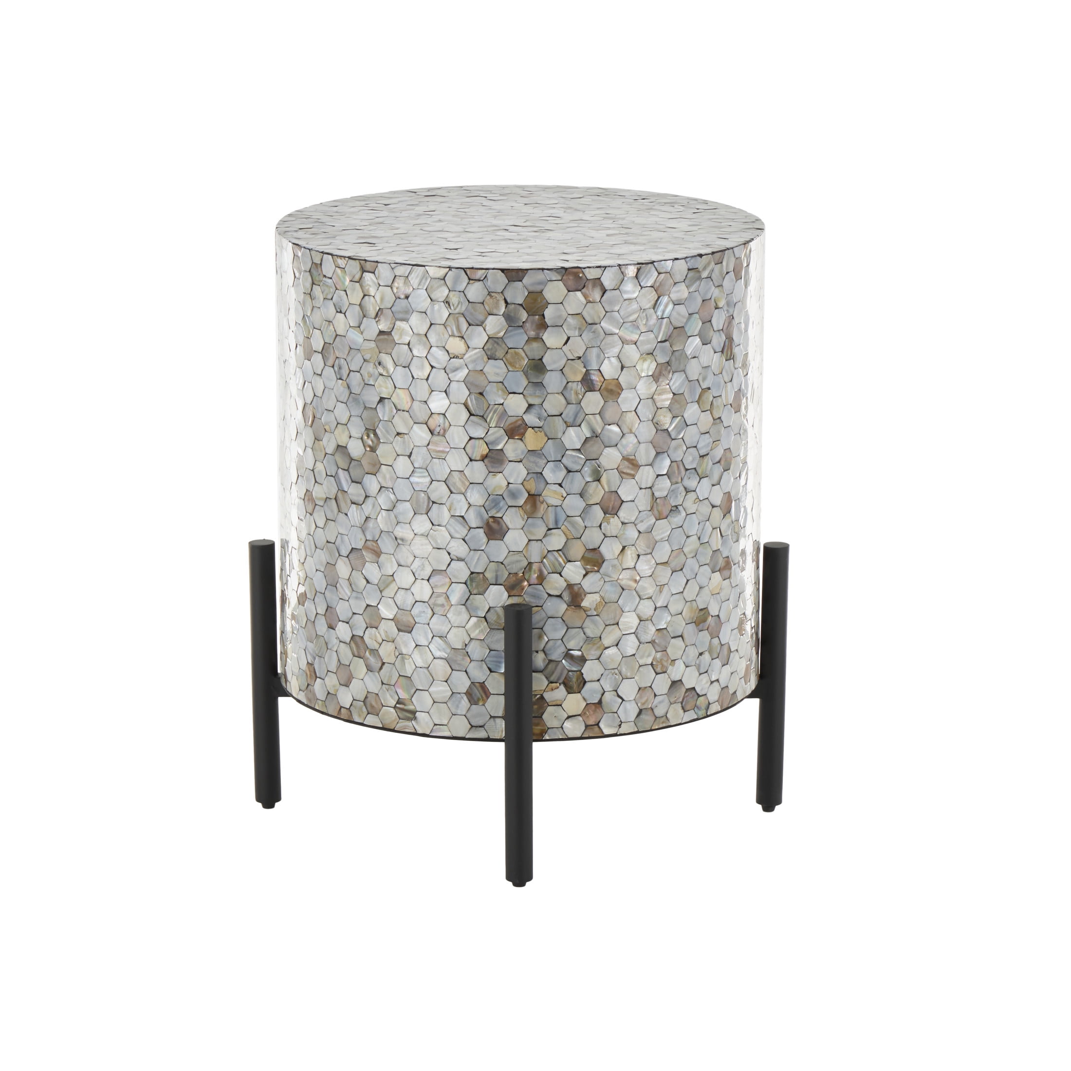 DecMode 18" x 22" Multi Colored Mother of Pearl Shell Handmade Hexagon Mosaic Inlay Abstract Accent Table with Black Metal Legs, 1-Piece