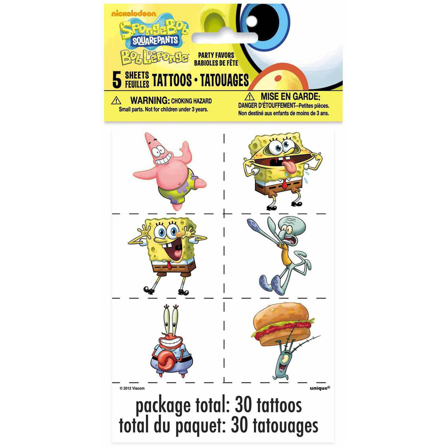 Unique Spongebob Squarepants Temporary Tattoos 30ct 
