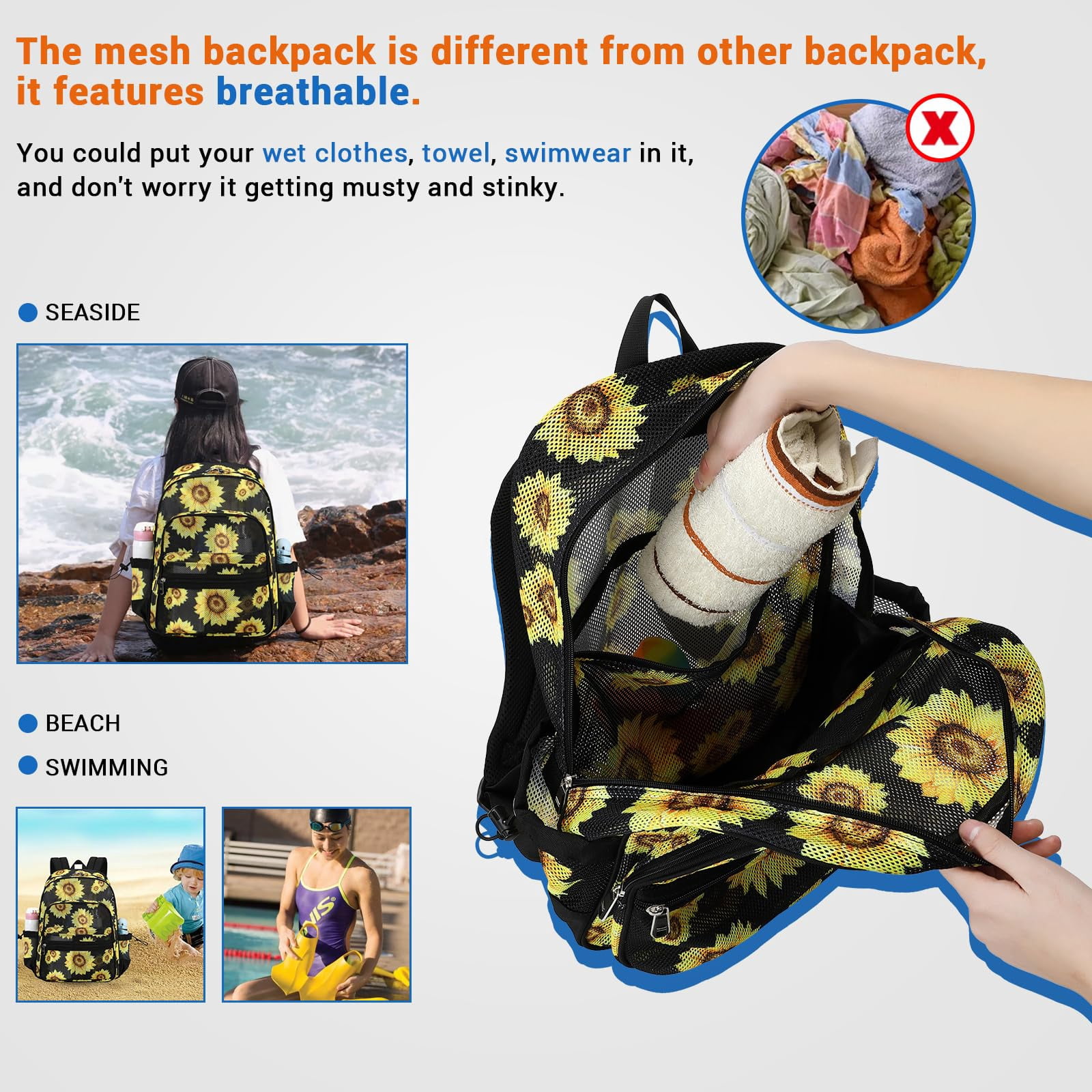 Soda Candy Mesh Backpack Heavy Duty See Through School Backpacks Transparent Bookbag Semi-Transparent Net Book Bags for Swimming, Beach, Sports, Work, Travel, Black Sunflower
