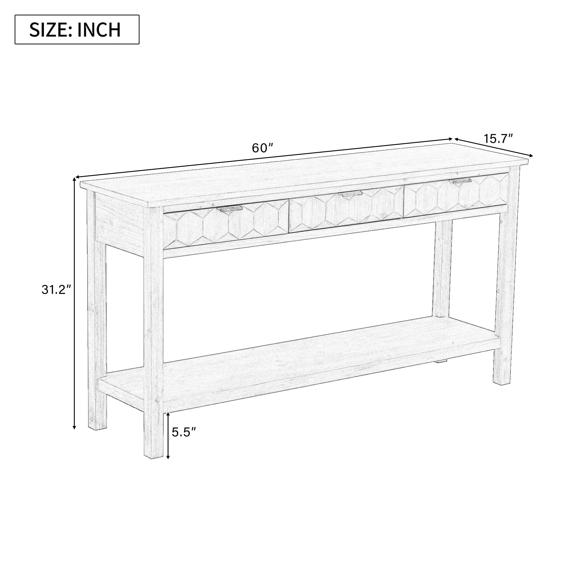 Euroco 60" Console Table,Narrow Long Sofa Table Behind Couch with 3 Drawers,Open Storage Shelf and Honeycomb Design for Entryway, Living Room,Foyer,Natural