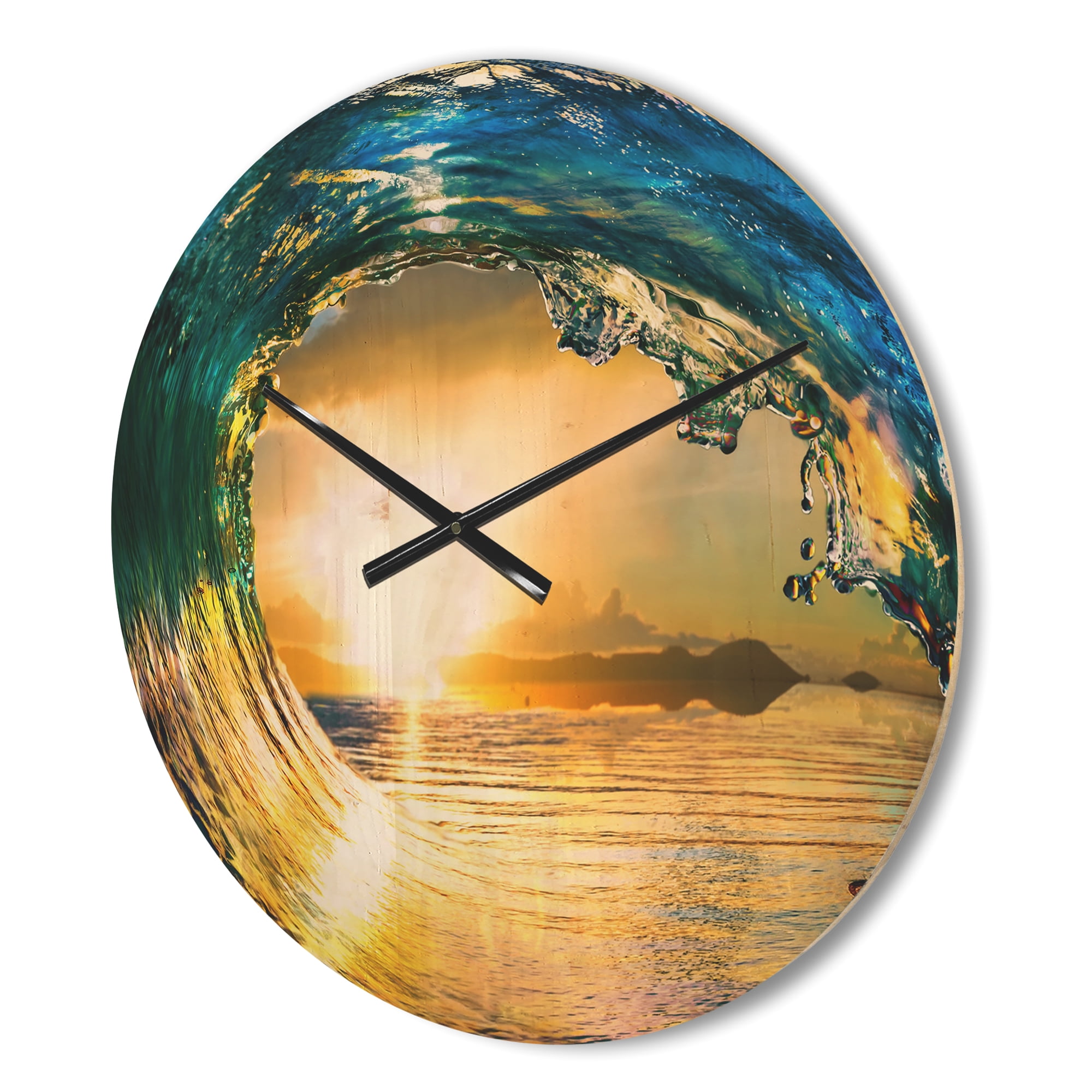 Designart 'Colored Ocean Waves Falling Down At Sunset II' Nautical & Coastal Wood Wall Clock