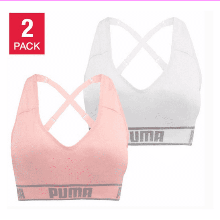Puma Ladies 2 Pack Adjustable straps Seamless Sports Bra M/White/Pink