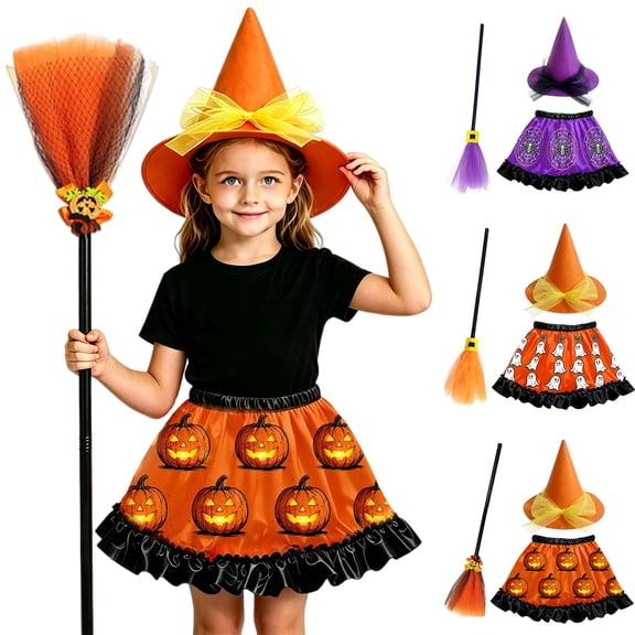 3 Pcs Halloween Witch Costume Set with Pumpkin Printed Tutu Skirt Pointed Hat and Broom, Classic Spooky Dress Up Outfit, Holiday Cosplay Role Play Party Decor Accessories