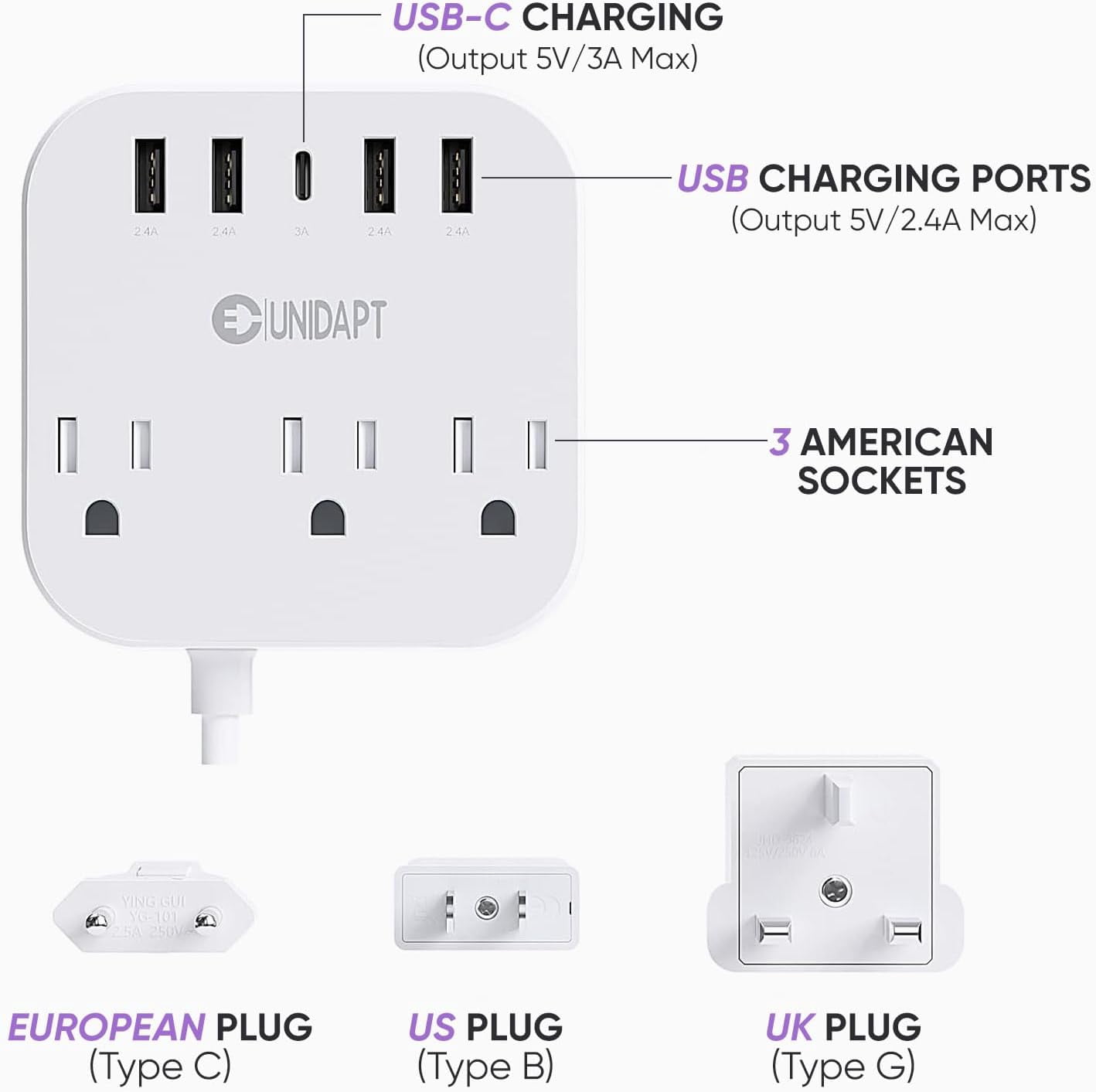 European Plug Adapter, US to UK Europe Power Strip for EU/UK/US with USB C and 4 USB Ports, 3 AC Outlets, Wall Mountable, 5ft Extension Cord, for Travel Cruise Ship Home