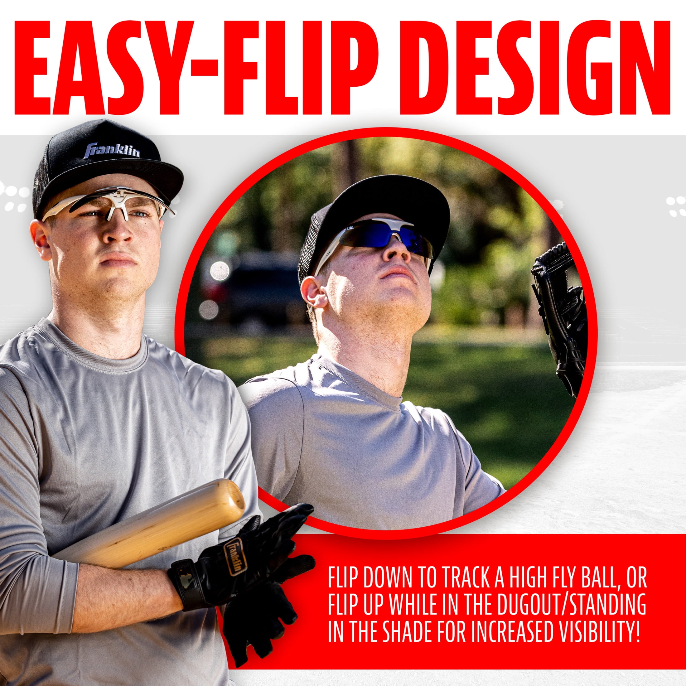Franklin Sports MLB Baseball Sunglasses - Flip Up Baseball + Softball Sunglasses for Kids + Adults - Lightweight Sport Sunglasses for UV Protection - White