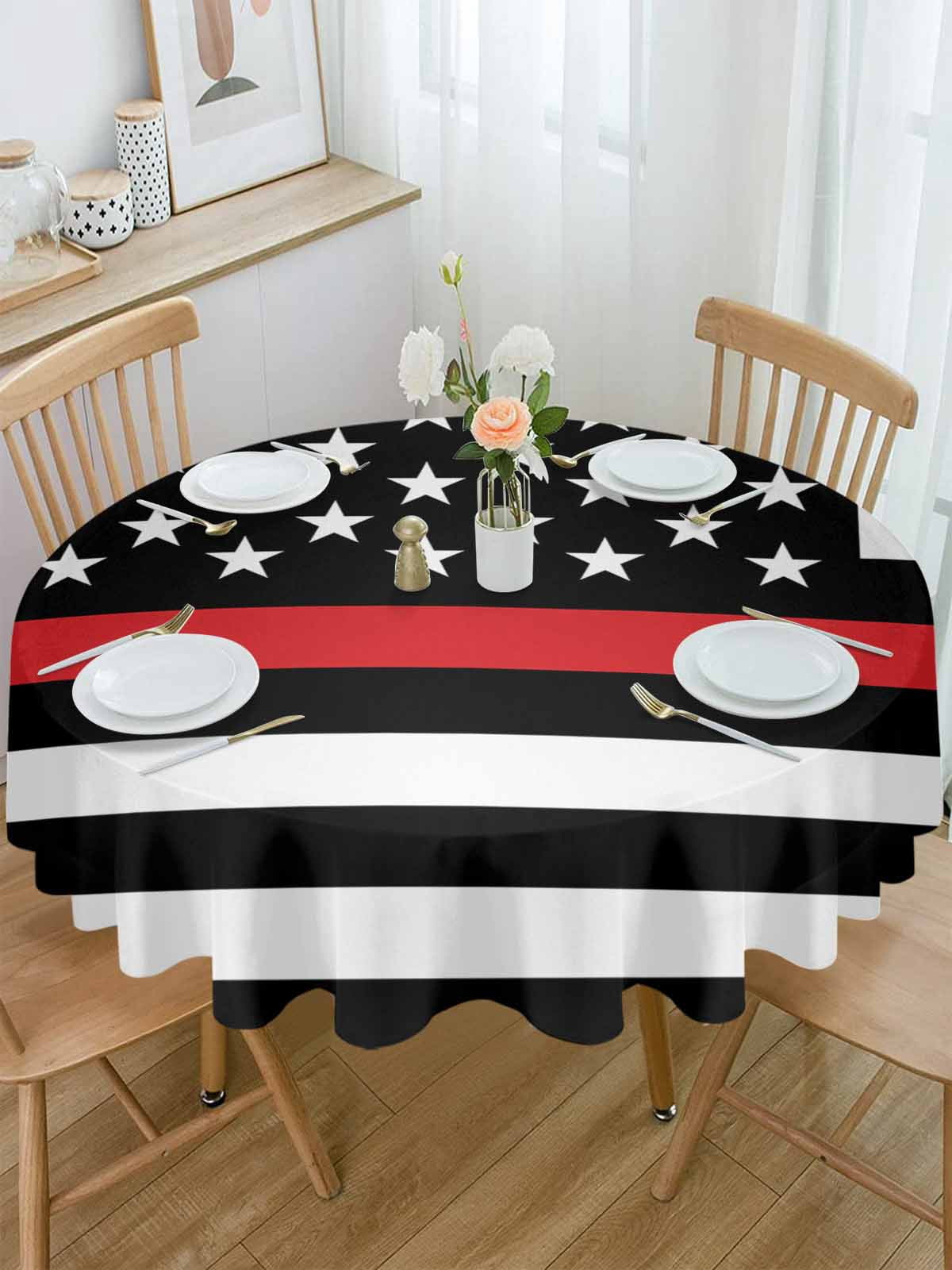 Round Tablecloth Patriotic Thin Red Line Flag Waterproof Oil Proof Polyester Table Cloth Cover Decor for Home Dining Outdoor,Patio,Parties, 60" Dia. Firefighter