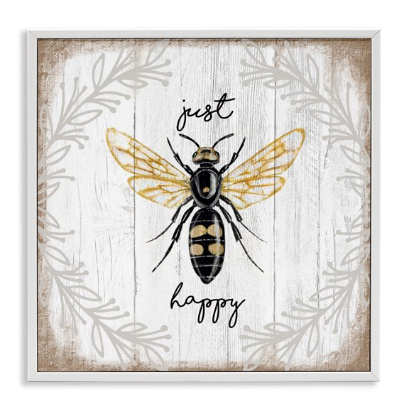 Stupell Industries Just Be Happy Charming Bee Animals & Insects Painting White Framed Art Print Wall Art, 12 x 12