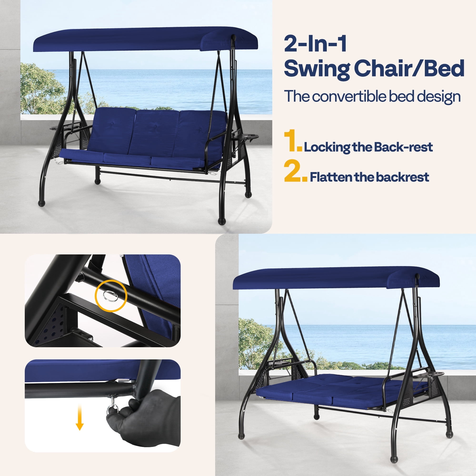 SPECSTAR 3 Seats Patio Swing Chair, Outdoor Converting Canopy Swing Chair w/ Removable Cushion,Swing Glider Hammock for Patio, Garden, Navy Blue