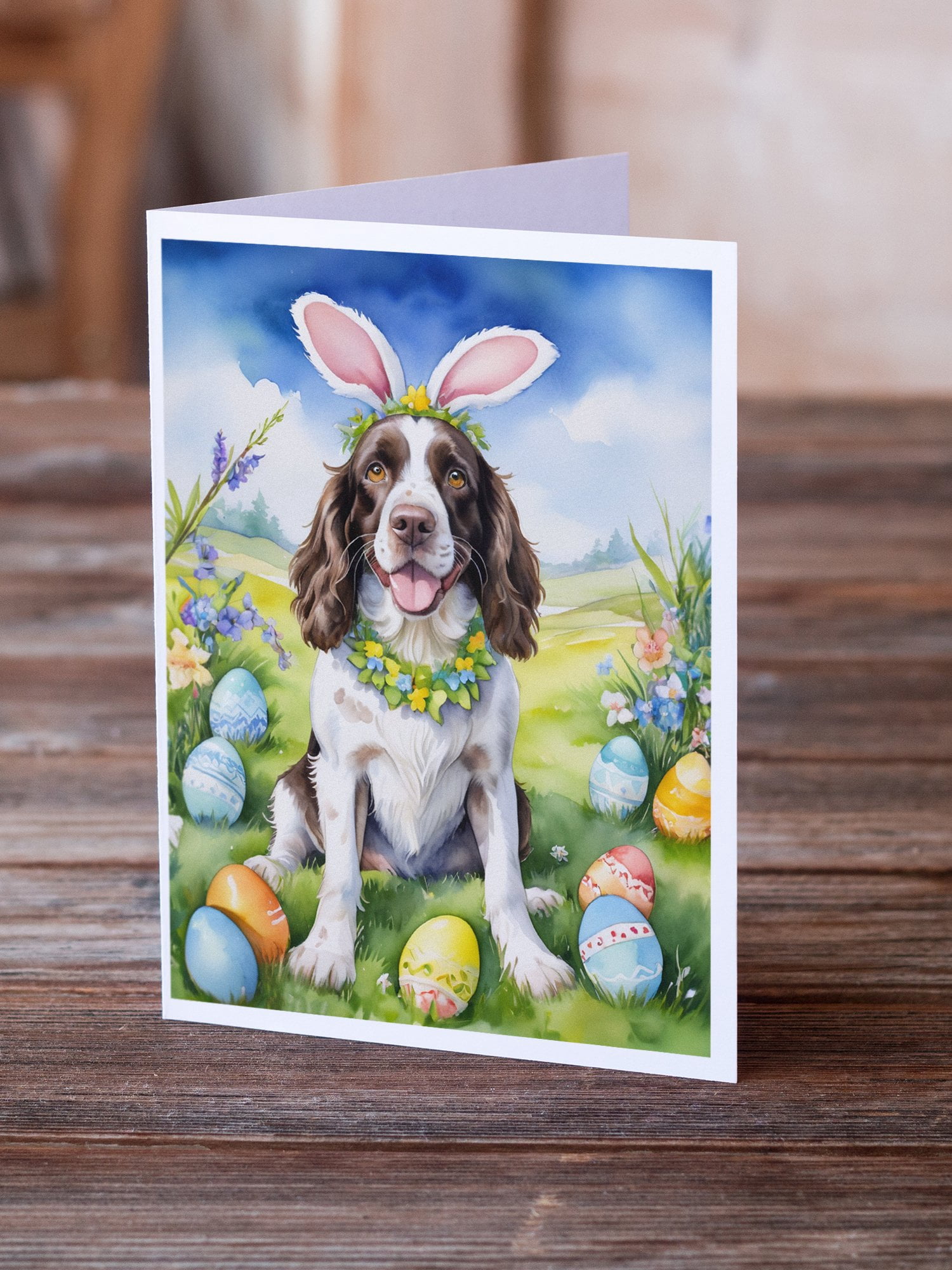 English Springer Spaniel Easter Egg Hunt Greeting Cards Pack of 8 7 in x 5 in