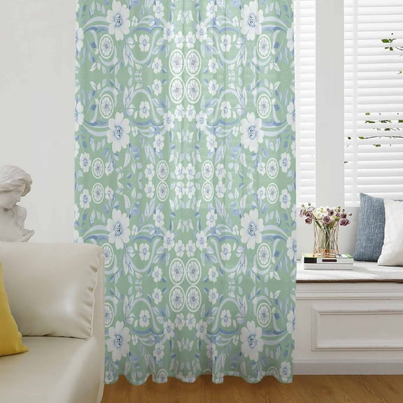 Light Green Blue Floral Semi Sheer Curtains Drapes for Living Room, Bedroom, French Doors Window 63 Inches Long, Vintage Pastoral Botanical Rod Pocket Chiffon Curtain Drapery Voile Draperies Panel