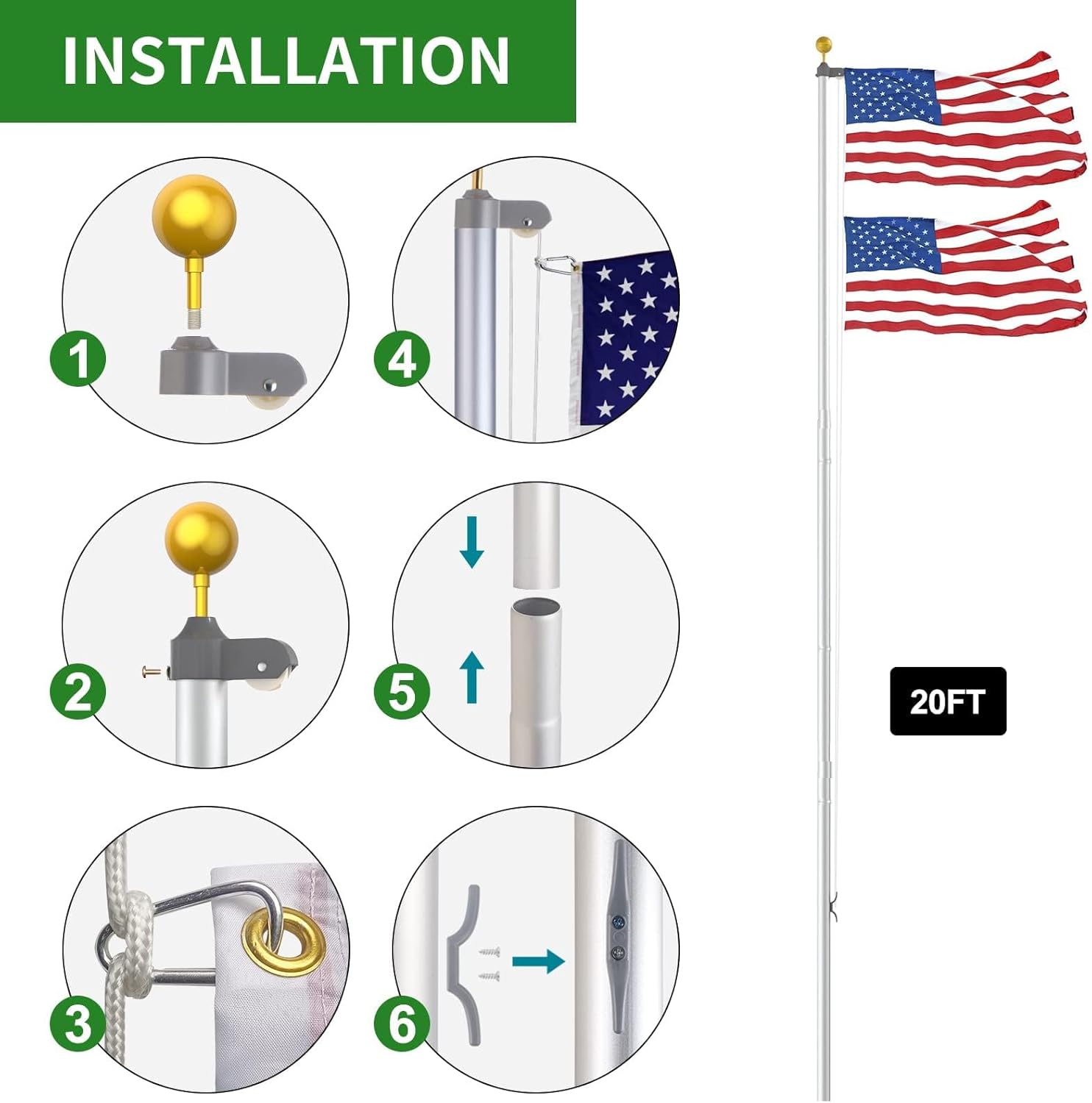 14 Gauge Flag Pole for Outside In Ground - 20 FT Heavy Duty Flagpole Kit for Yard - Extra Thick Outdoor Flag Poles with 3x5 American Flag for Residential or Commercial, Silver