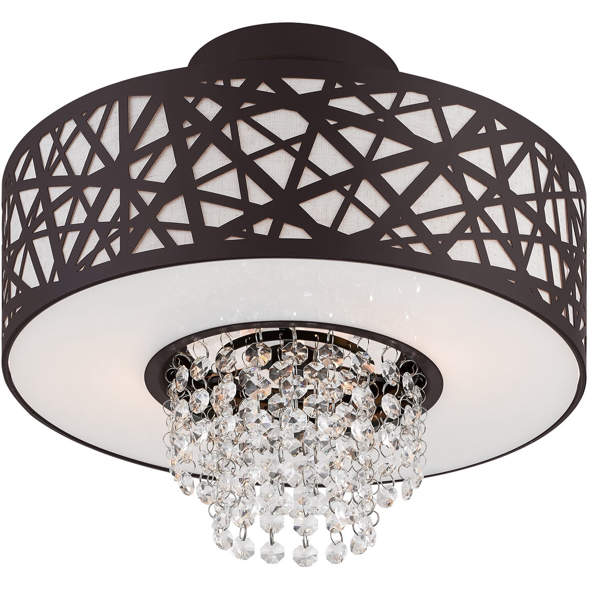 2 Light Bronze Ceiling Light fixture with Oatmeal Color Fabric Hardback Inside & Clear Crystals Shade