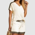 thumbnail image 3 of Women Elegant Outfits Short Sleeve V-Neck Blouses & Shirts Sets 2PC Women's V Neck Shorts Sleeve Two-piece Comfortable Home Pajamas Set Sports Set Linen Pants Women Summer White s, 3 of 5